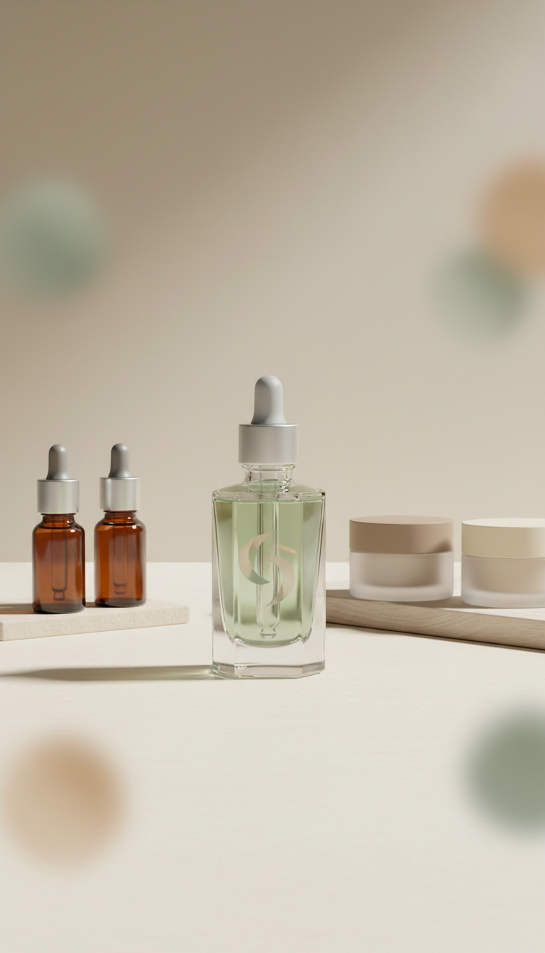 Amber dropper bottles and cream jar flatlay for the Antioxidant Renewal Serum